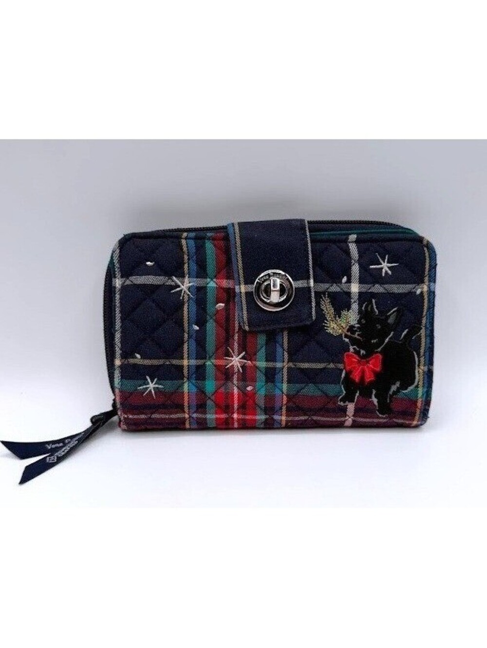 Vera Bradley Scottie Dog Plaid Turnlock Wallet Navy Blue Tartan Quilted Cotton